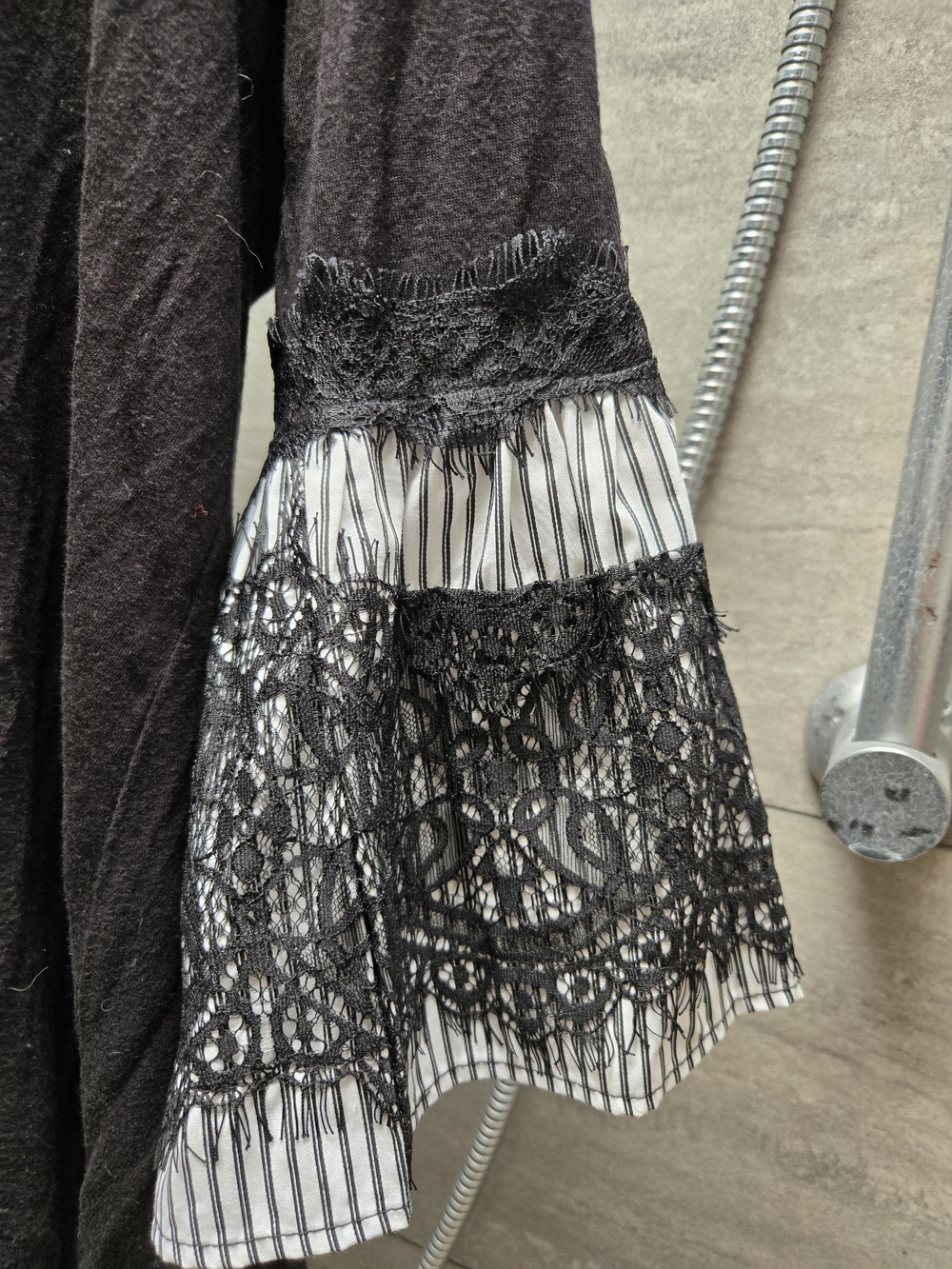Olivia Sky Black Long Sleeve Top Lace Bell Sleeves Striped Detail Tie Back - Picture 3 of 4